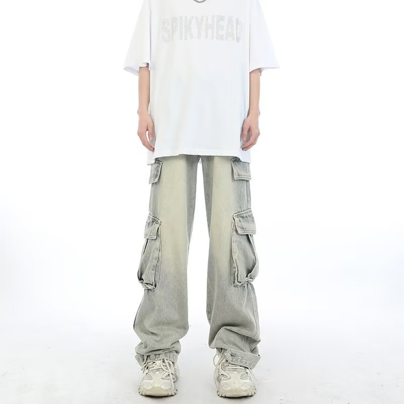 Jeans cargo multitasche stile retrò americano da uomo, pantaloni lunghi lavati vintage, stile streetwear pesante_voghion.com