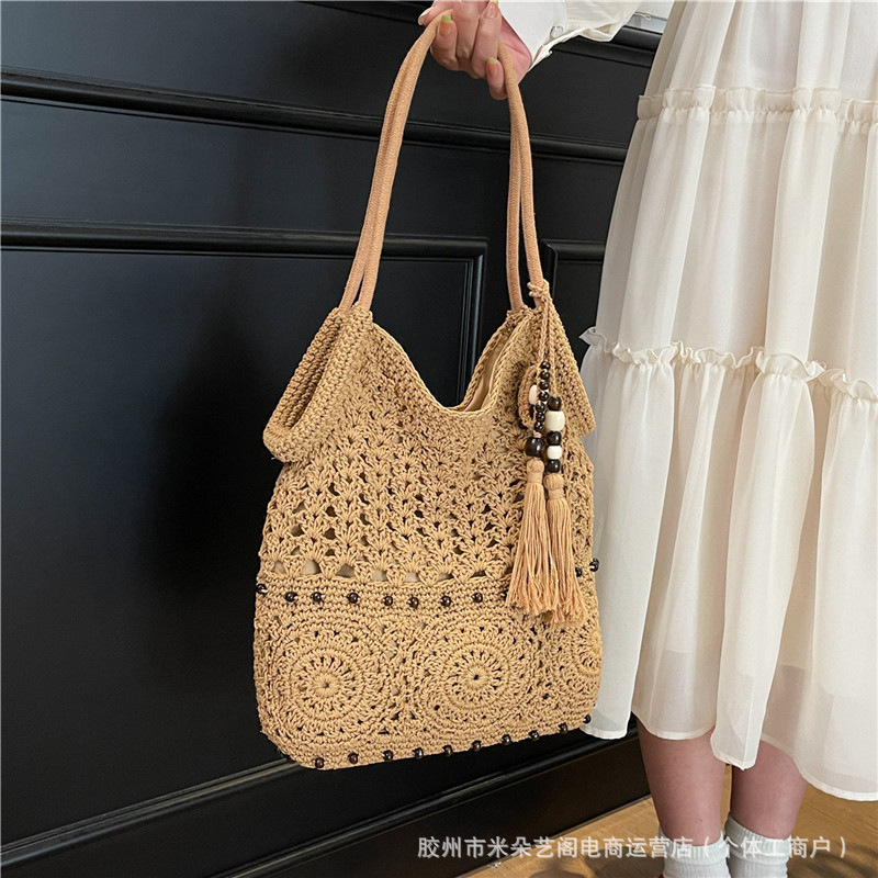 新しいタッセルコットンショルダーわらバッグニッチ中空織バッグカジュアル脇の下ビーチバッグファッションバッグ女性|undefined