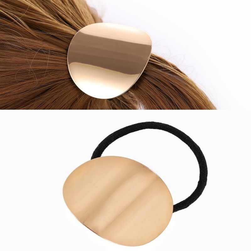 Corea del Sur simple ovalada brillante metal cepillado cuerda de pelo de las mujeres de alta banda de Pelo elástico lazo de pelo banda de goma cuerda de cabeza