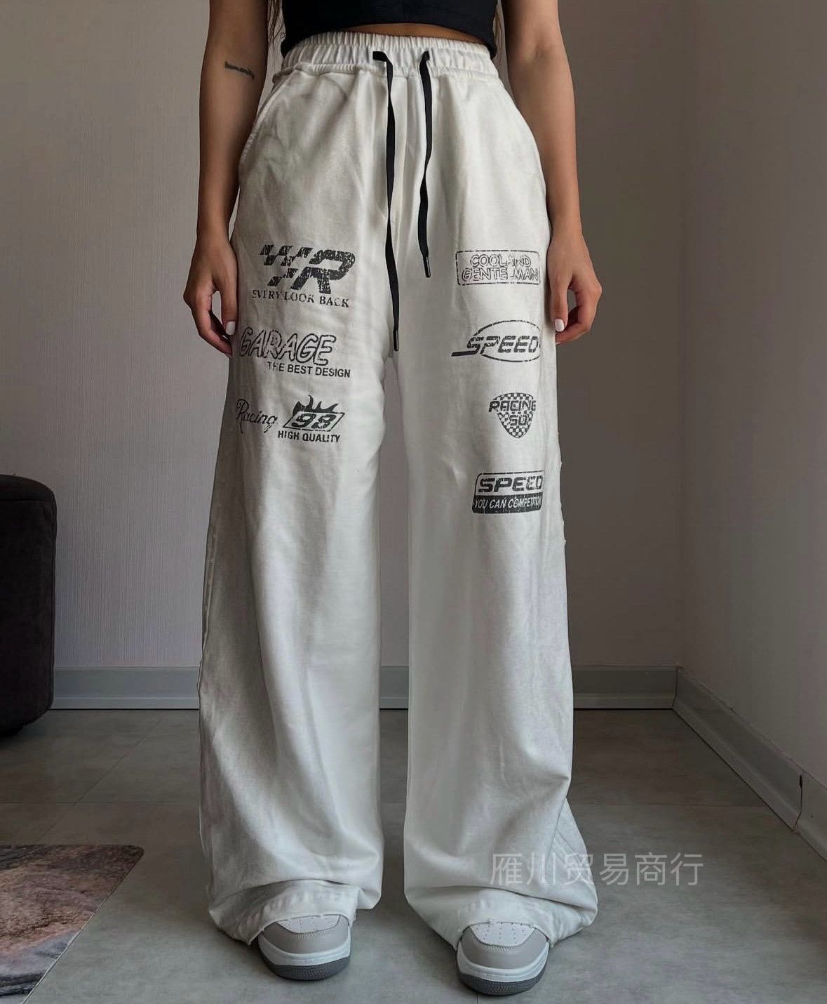 Europa y Estados Unidos transfronterizos retro estampados casuales pantalones deportivos tendencia de moda de cintura alta suelta pantalones grises rectos image 8