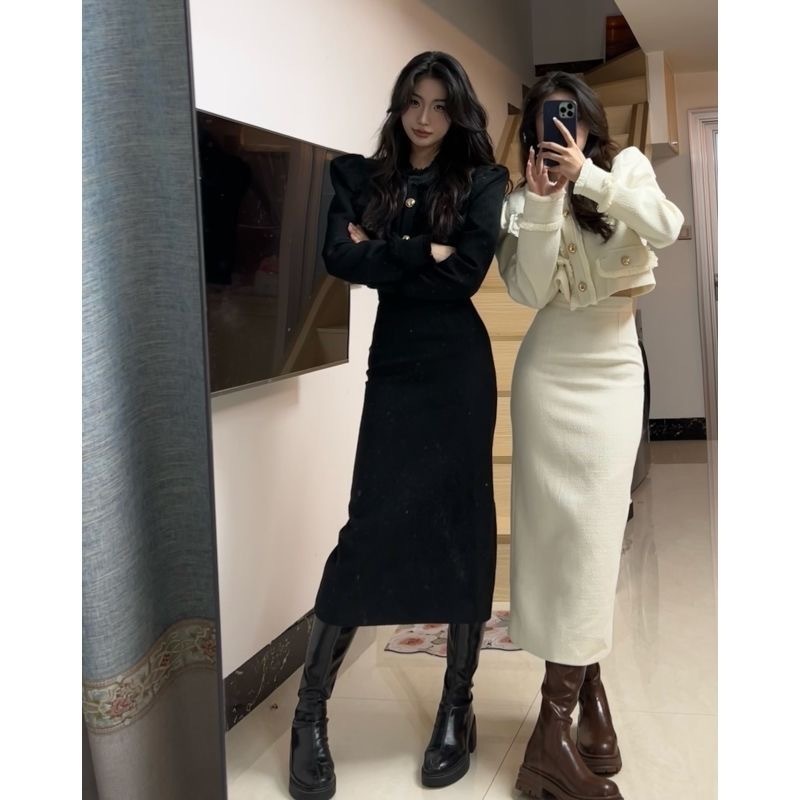 小香风套装裙两件套女秋冬气质名媛短款西装外套女显瘦开叉长裙子|undefined