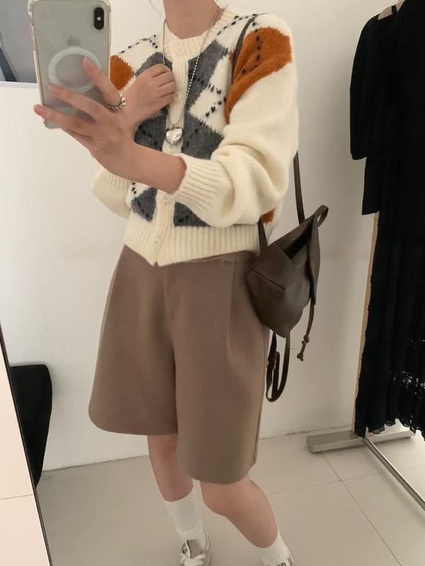 新款拼色菱形格针织开衫经典老钱风撞色毛衣外套女慵懒风独特女装|undefined