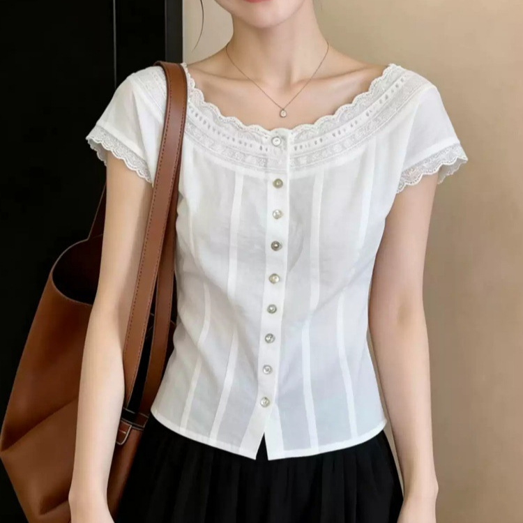 French-Style Elegant White Lace Flutter-Sleeve Short-Sleeve Blouse for Women, a Chic and Fairy-Like Short Top for Summer