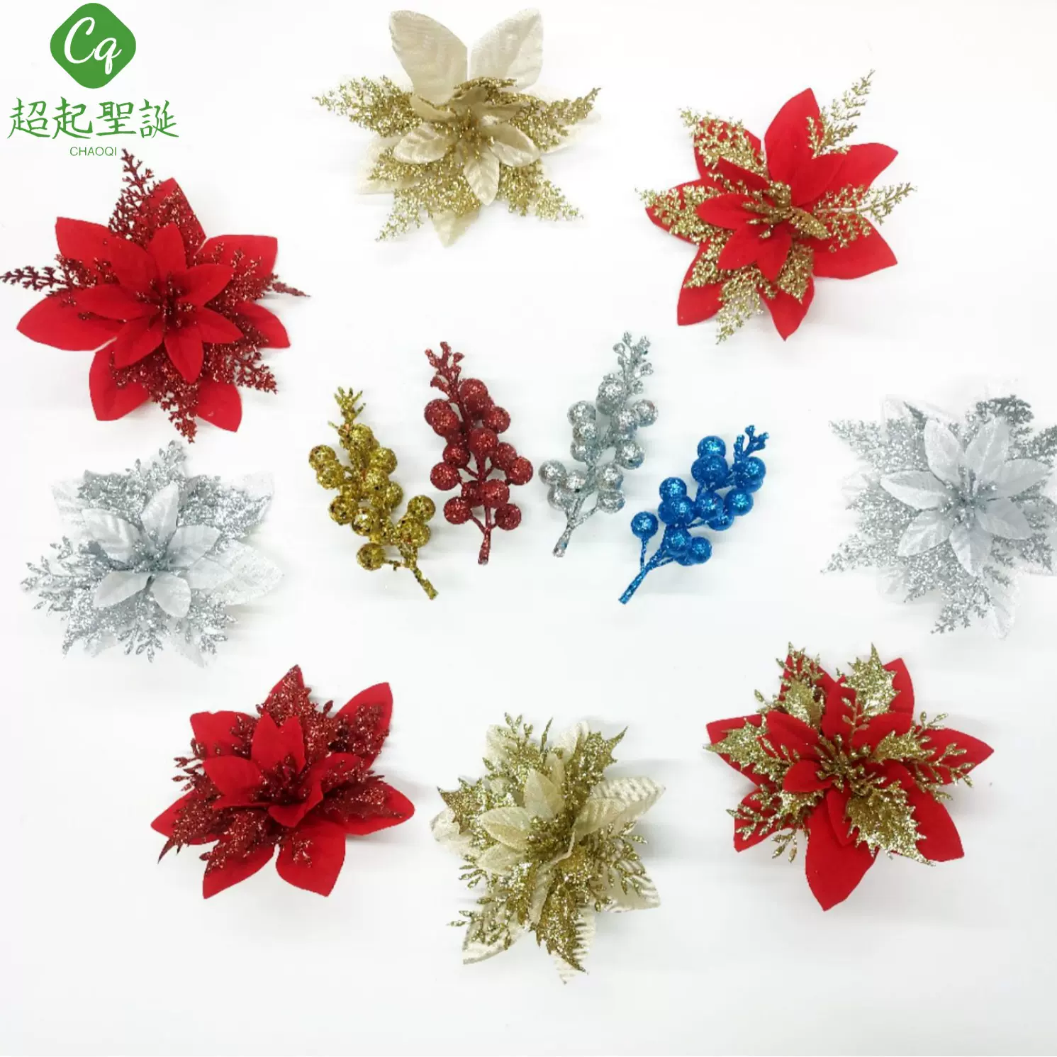 跨境金粉圣诞花头圣诞花配件圣诞树装饰仿真金粉塑料花花环装饰