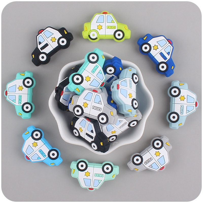Bebé suministros de dibujos animados coche de silicona policía coche mordedor creativo DIY bebé molar pezón anti-gota cadena Accesorios