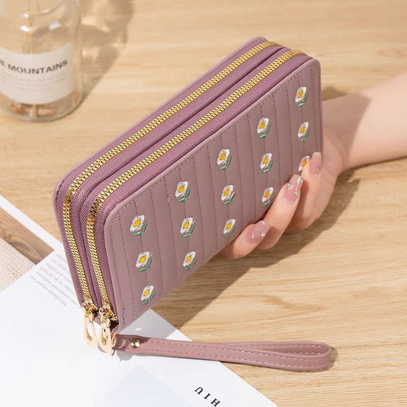 新型の女性の長いタイプの百合の双ファスナーの韓国版の学生の刺繍の大容量の携帯電話のカバンのハンドバッグの柔らかい小銭入れ|undefined