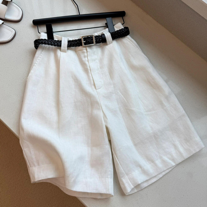 Highly Recommended! Minimalist White Linen High-Waisted Knee-Length Shorts for Women, Loose and Slimming Mid-Length Shorts for Outdoor Wear