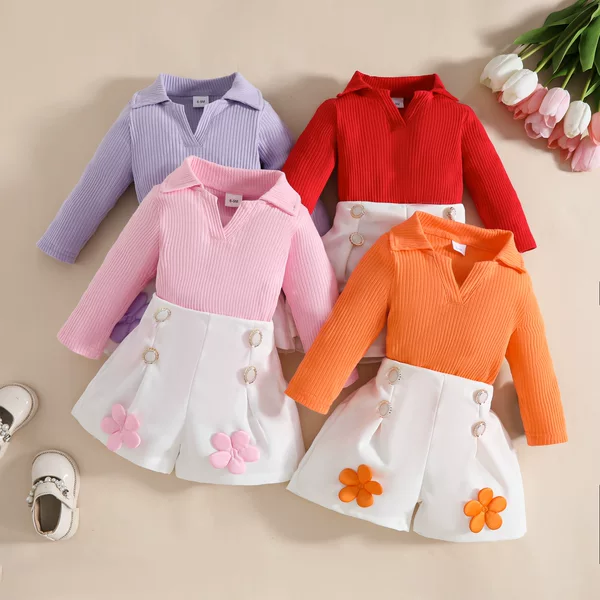 2025 Autumn/Winter Fashion Girls' Long Sleeve V-Neck Ribbed Top + Appliqué Button Shorts Children's Clothing Turn-Down Collar Two-Piece Set