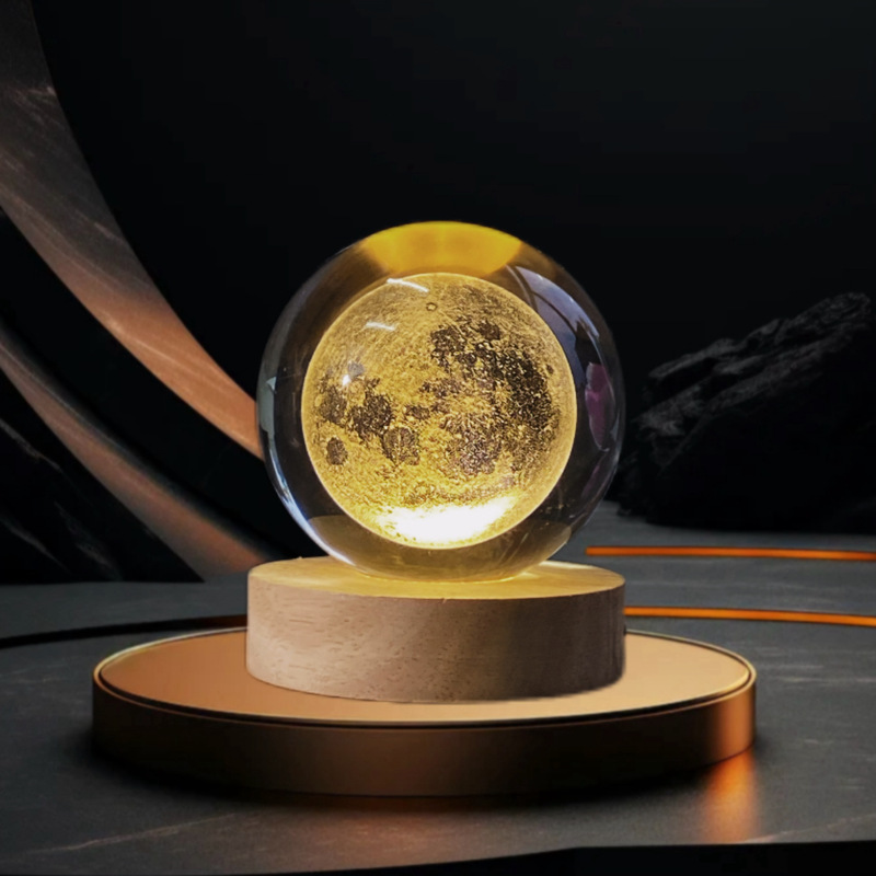 Atmosphere Light Wooden Luminous Base 3D Carved Crystal Ball Night Light Starry Sky Solar System Creative Ornament Gift