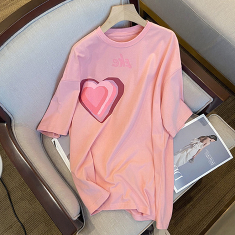 粉色爱心T恤女复古时髦vintage2022新款韩版宽松百搭短袖上衣洋气