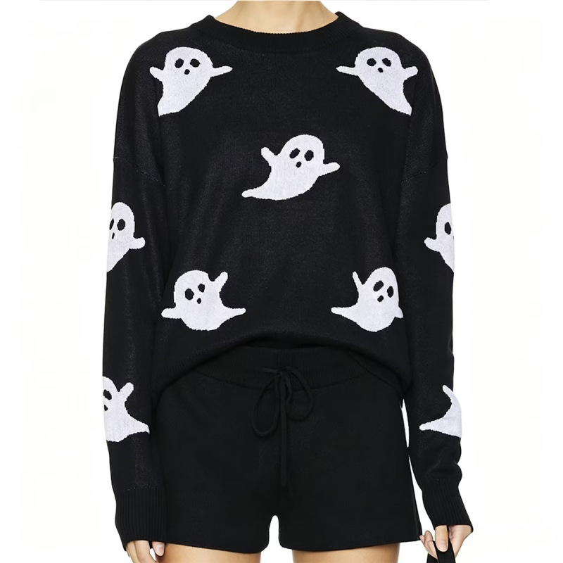 2026 Autumn New European and American Halloween Ghost Print Knitted Sweater Women's Round Neck Loose Long Sleeve Sweater 2026 Autumn New European and American Halloween Ghost Print Knitted Sweater Women's Round Neck Loose Long Sleeve Sweater
