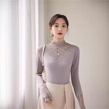 605新款加绒加厚网纱蕾丝打底衫女春秋冬内搭长袖单件上衣安可拉