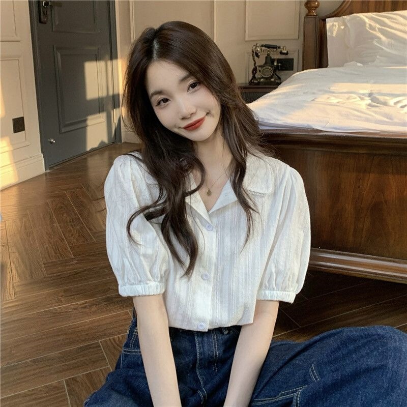 Pure Cotton Lace-Trimmed Short-Sleeve Shirt for Women, Summer Style, Petite Size, Sweet Doll Collar Design, Stylish Cardigan Top