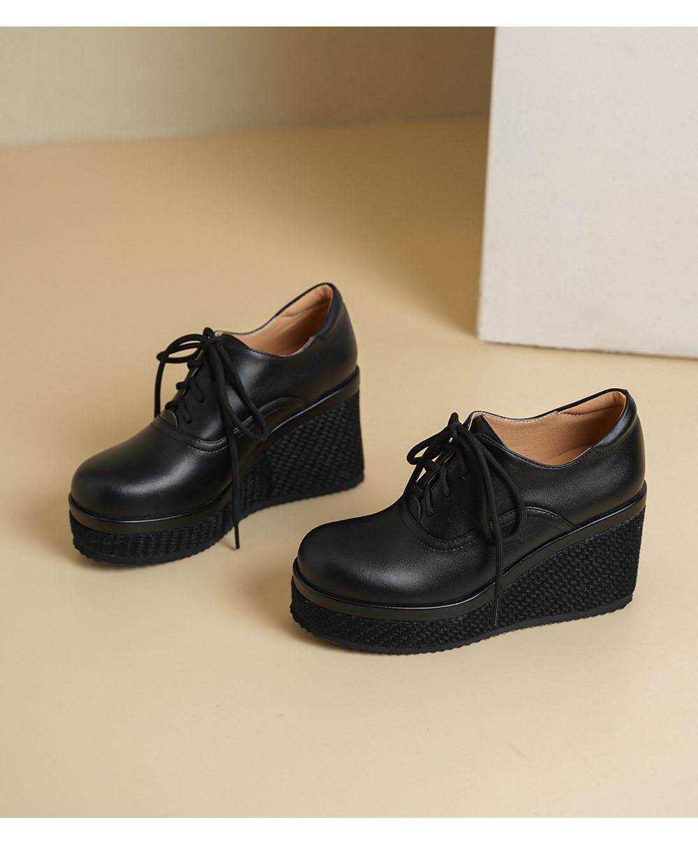 Giày loafer nữ đế xuồng platform da thật buộc dây, gót cao 9 cm — màu đen, màu trắng ngà chi tiết 14