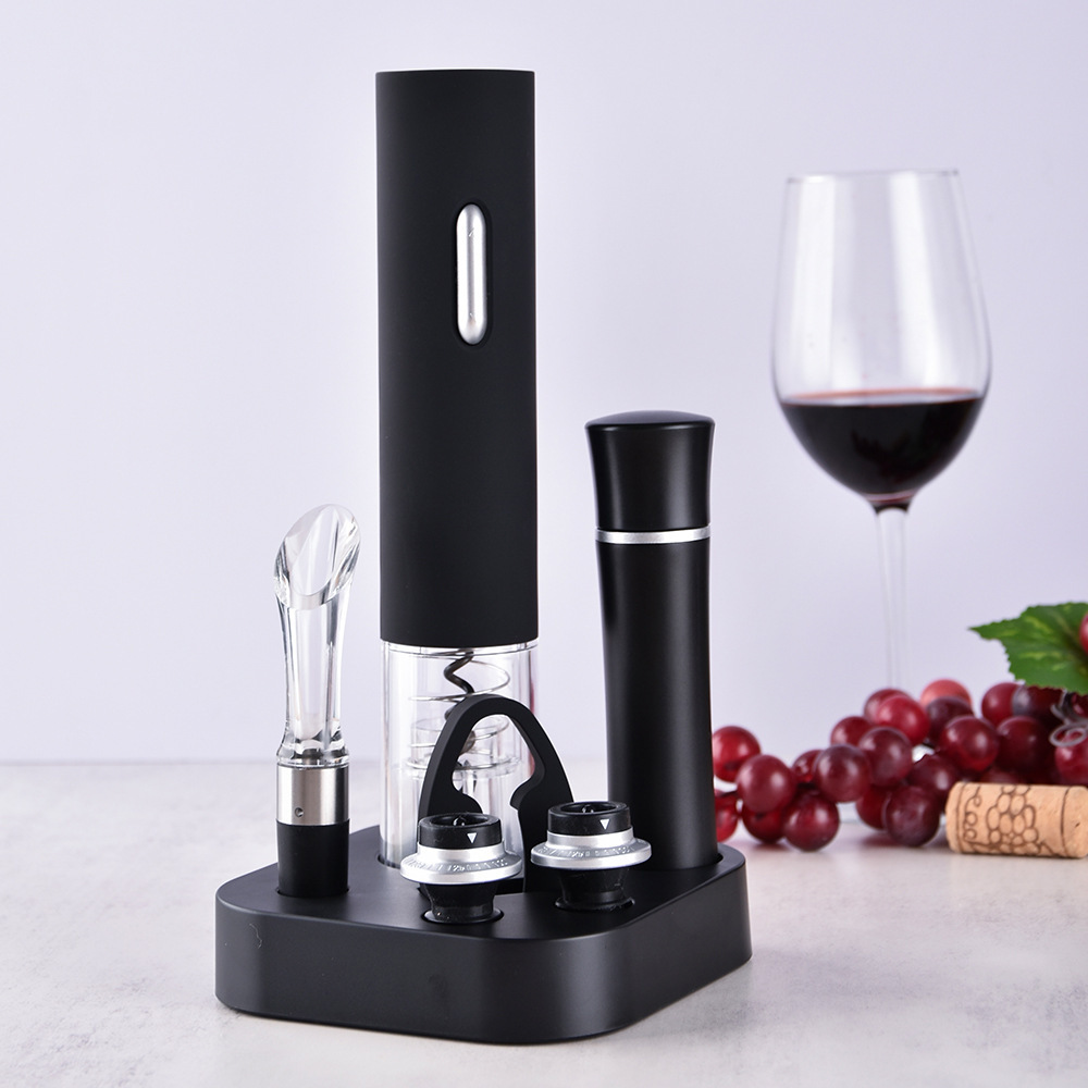 Juego de juego de vino eléctrico transfronterizo, chasis de almacenamiento, abridor de botellas de vino 5 en 1 con base, abridor de botellas de regalo de empresa