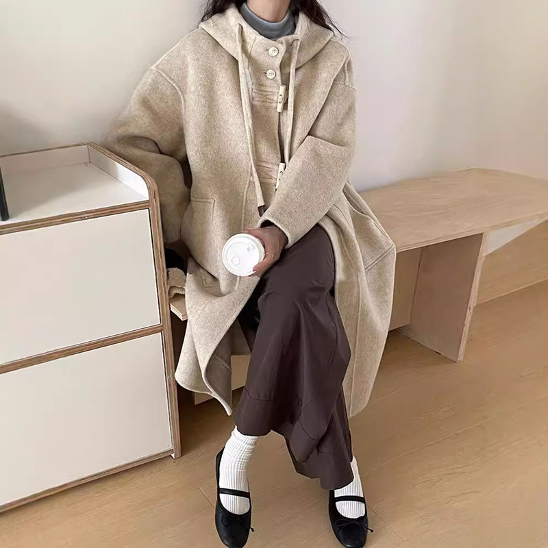 2025 New Autumn and Winter Korean Style High-End Double-Sided Wool Outwear Women's Horn Button Hooded Thickeneded Woolen Outwear
