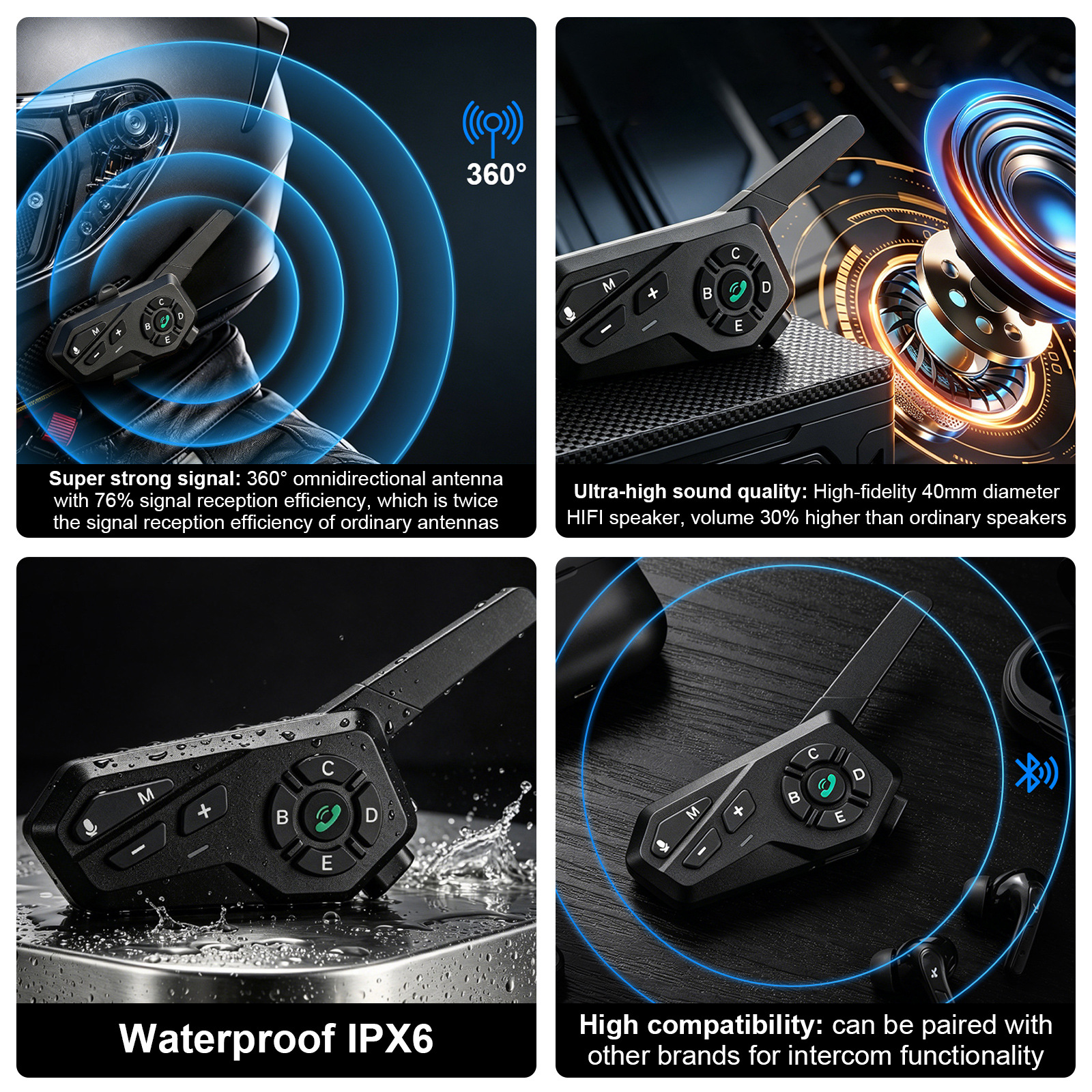X6 Motorcycle Helmet Bluetooth Intercom 1500m Waterproof IPX6 Stereo Riding Headset