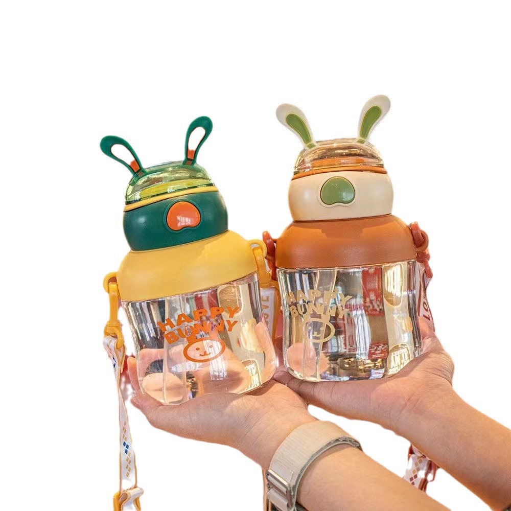 Tianyi 0932 nuevo espacio para niños taza feliz Orejas de conejo taza de plástico transparente Correa al aire libre paja taza de plástico