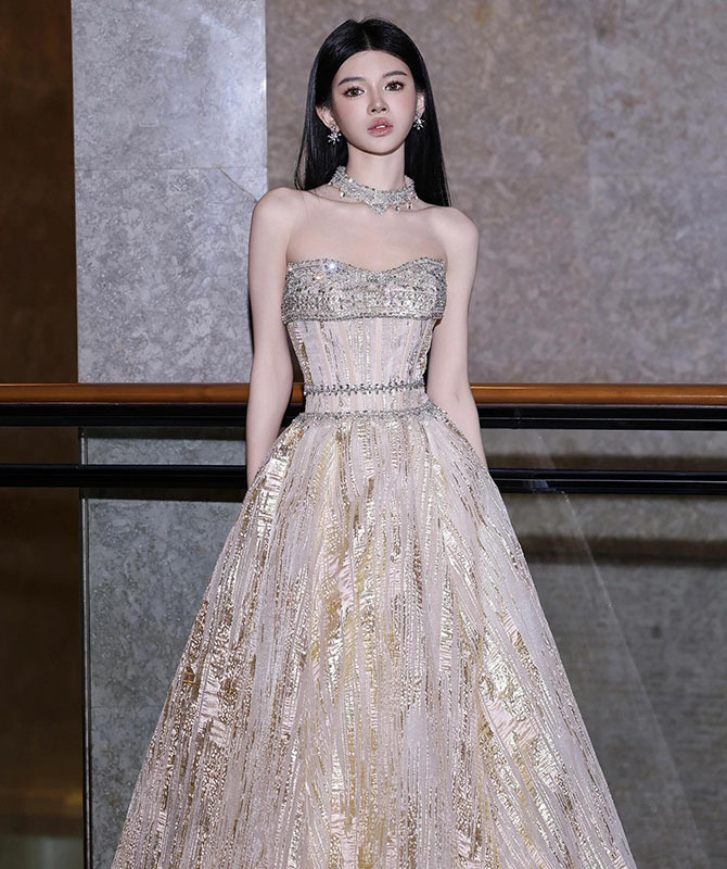 Vestido de noche sin tirantes con un toque de alta gama, elegante para eventos sociales, anfitrionas, estudiantes y actuaciones individuales; con lentejuelas, talla grande, estilo veraniego.