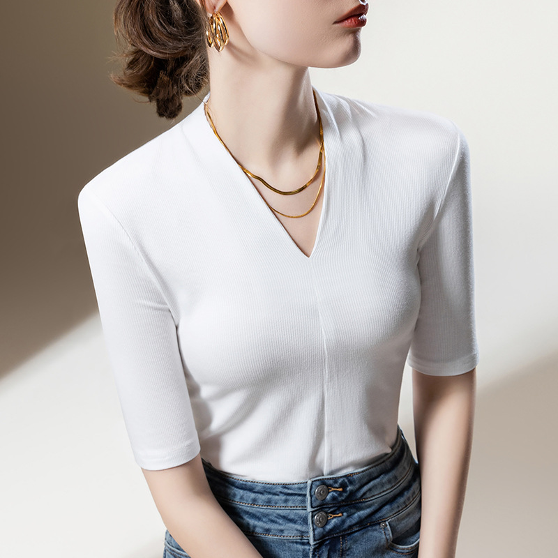 Medium-sleeved T-shirt Women's New Women's Clothing Solid Color Threaded Half-sleeved T-shirt Temperament Deep V-neck Waist Top Short Sleeve_ecoleips.com