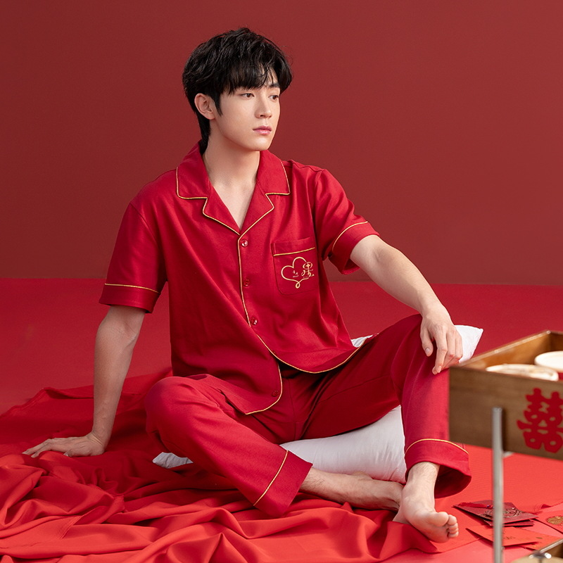 Pijamas de las mujeres verano algodón manga corta media manga Pantalones rojo año nacimiento boda desgaste del hogar verano 2024 Nuevo