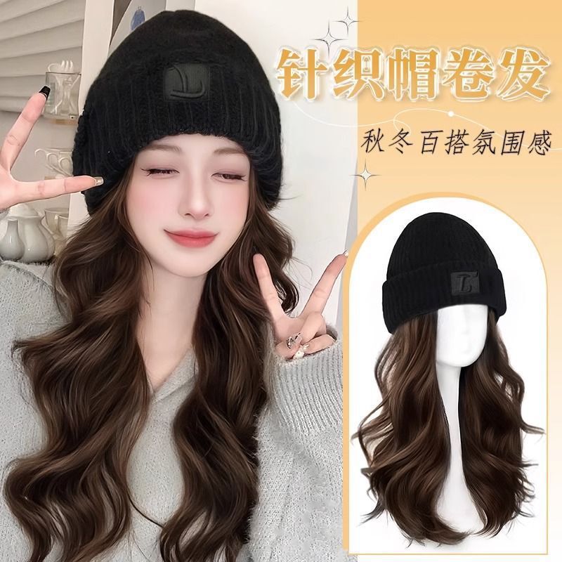 Hat Wig for Women with Long Curly Hair and Big Waves Autumn and Winter Knitted Hat Wig One-Piece Non-Detachable Wig Full Headgear