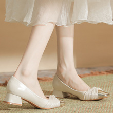 H1623-2方頭單鞋女高跟粗跟新款春夏法式復古溫柔一腳蹬淺口鞋女