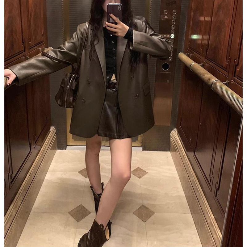 黑色复古皮衣皮西装外套女2025年春秋季设计感宽松休闲西服上衣|undefined