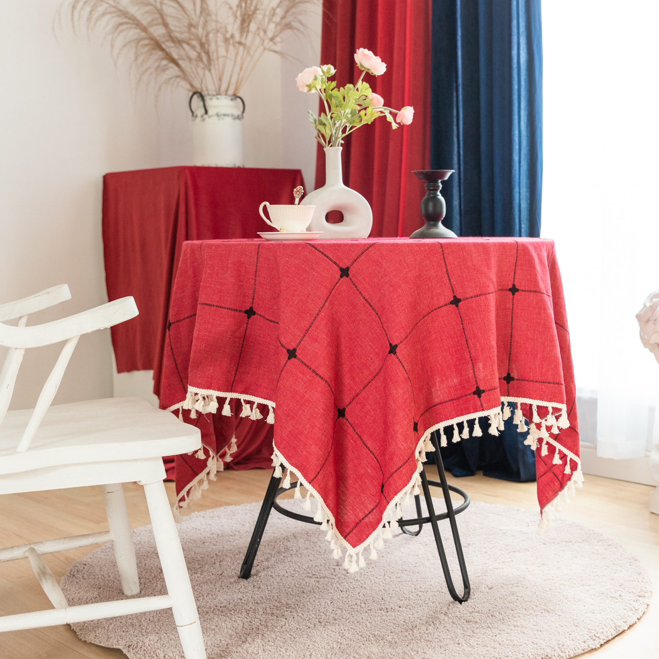 자수 대형 체크무늬 No.6 관동 레드