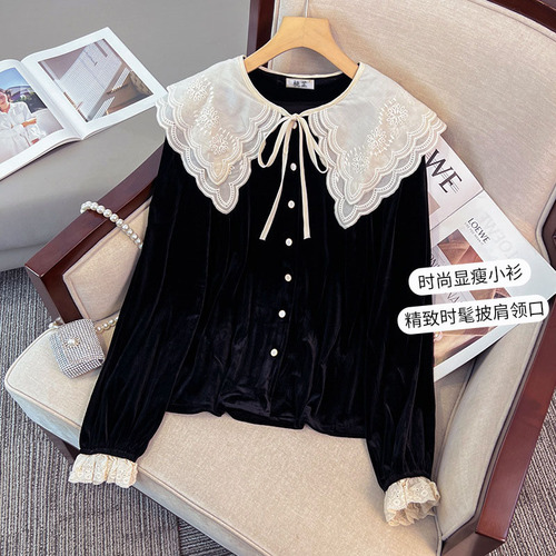 Long-sleeved shirt plus size women's clothing  early and early autumn fat mm doll collar slimming velvet European small shirt top