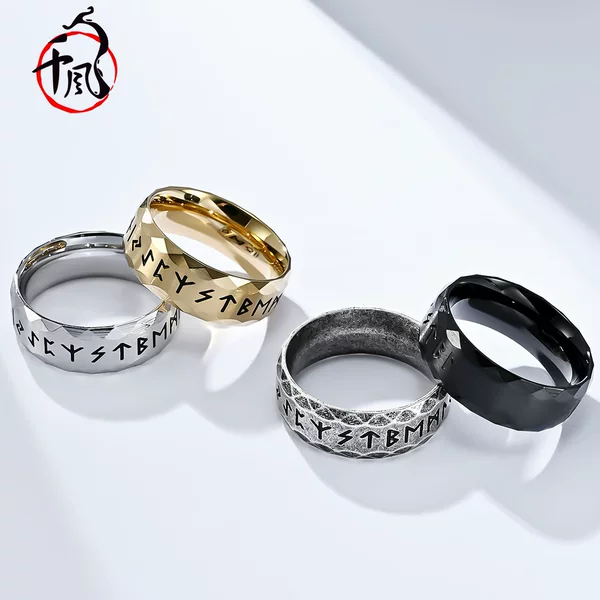 Cross-Border E-Commerce New Retro Nordic Viking Text Luen Titanium Steel Ring Antique Silver Men's Hand Jewelry Dropshipping