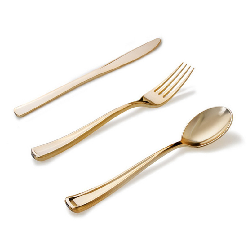 Plastic Golden Knife and Fork Spoon Tableware Disposable Knife and Fork Spoon Steak Knife Western Tableware Dessert Fork Wholesale Foreign Trade Cross-Border