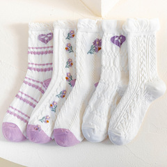 New Autumn/Winter Women's Ins Short Stockings Cotton Socks with Fresh Purple Small Flowers Japanese-style Fringe White Women's Socks Wholesale