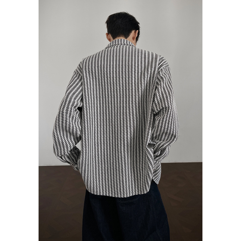 Camicia da uomo in stile retrò americano, con motivo a spina di pesce pesante, primavera autunno, di alta qualità, con colletto rovesciato_voghion.com