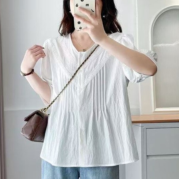 New Lace Summer Slimming Korean Style Short-Sleeve Shirt with Loose Collar, Slimming Top, Plus-Size Thin Shirt for Women