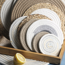 日式亚麻隔热垫圆形编织垫子创意棉质防烫杯垫碗垫子锅垫餐垫家用
