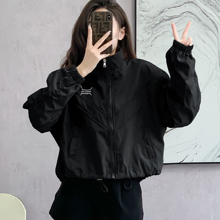 Áo khoác nữ dáng ngắn chiết eo cổ đứng khóa kéo phong cách casual — Màu lúa mì, Màu trắng ngà, màu đen