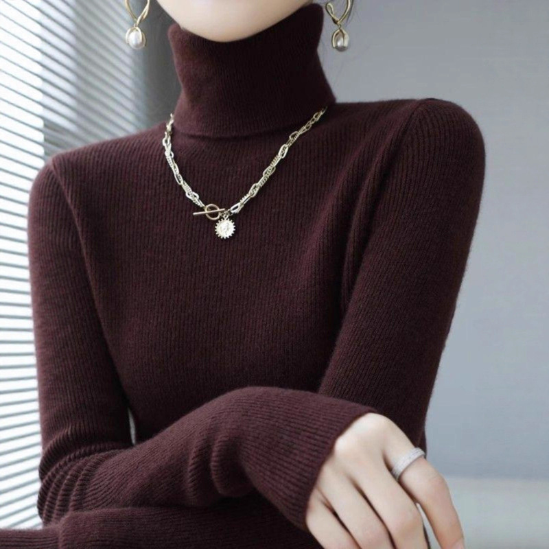 Autumn and Winter New Stylish High-Neck Sweater for Women, Pullover Short Long-Sleeve Slim Fit Tight Knit Base Shirt, Black