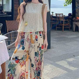 2026夏季新款小清新减龄休闲无袖波点上衣印花阔腿裤两件套女套装