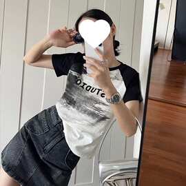 纯棉拉架设计感扎染拼接圆领T恤女夏季复古修身显瘦百搭短袖上衣