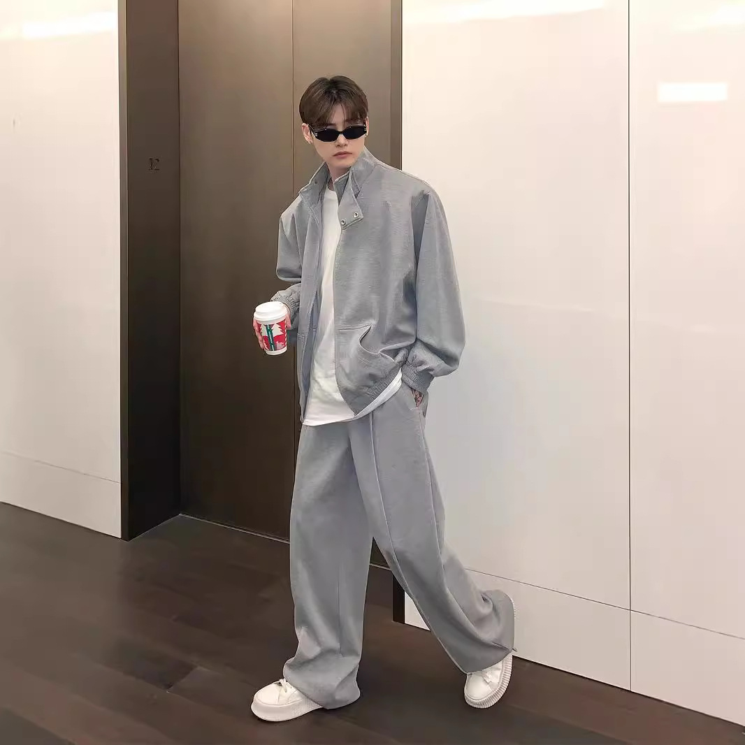 2024 Spring/Autumn New Style Stand Collar Cardigan Jacket Men's Sporty Casual Versatile Set with Loose Fit Trousers (Two Pieces)