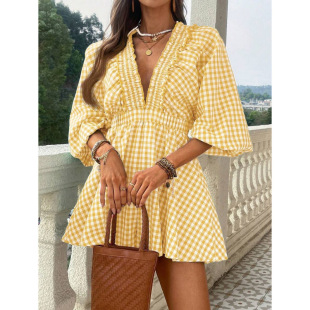 P 54577 plaid puff sleeve romper �����������B�wѝ�羳��
