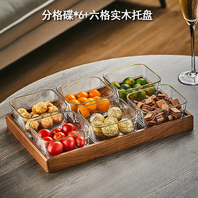 胡桃の木の果物の皿の間食の収納箱の軽くて豪華な高級なガラスの果物の皿のお茶のいくつかのお茶のお菓子の分格の皿|undefined