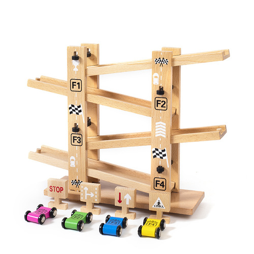 New four-track glide car children's educational assembled track inertia pull-back car creative assembly racing wooden toy