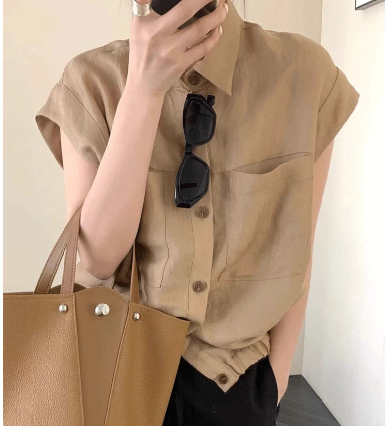 Áo sơ mi polo nữ tay ngắn cổ nhỏ tay lỡ form ôm, thiết kế phối tay lỡ thanh lịch — Màu cà phê chi tiết 2