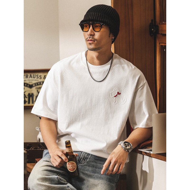 American retro short-sleeve t-shirt for men, summer trendy brand, embroidered puppy design, casual 230g heavyweight loose white top for men American retro short-sleeve t-shirt for men, summer trendy brand, embroidered puppy design, casual 230g heavyweight loose white top for men