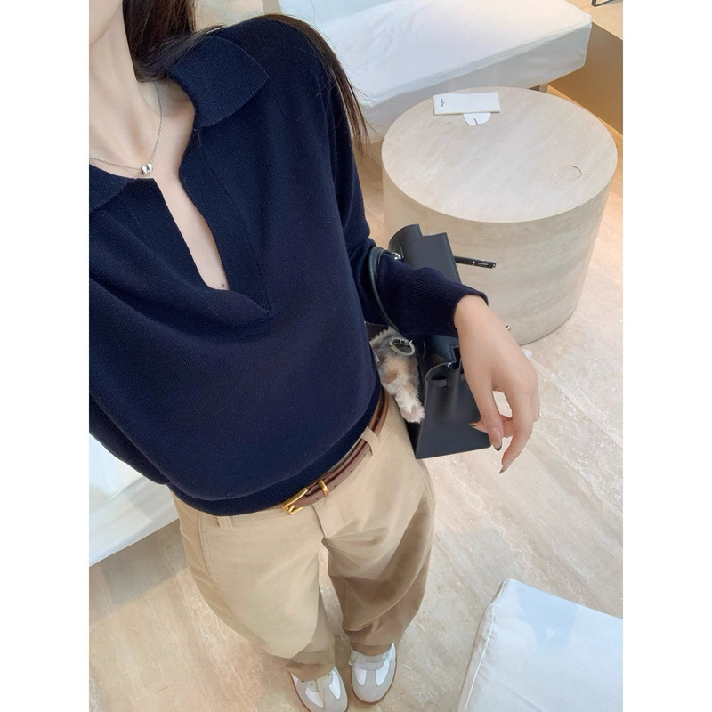 高智淡人毛衣 老钱风Polo领针织衫女慵懒休闲V领长袖上衣|undefined