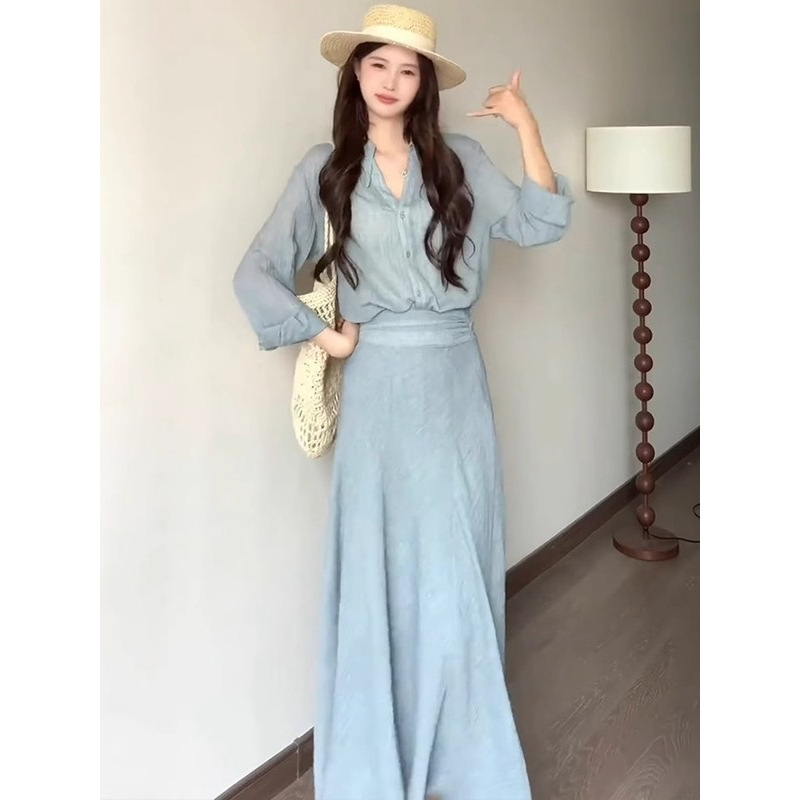 休闲风复古气质套装女2025夏季新款宽松衬衫半身裙两件套简约女装|undefined