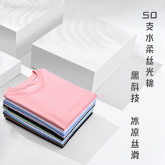 【特別価格・返品交換不可】軽量高級50番手水洗いシルク光沢綿ピマコットン無地ラウンドネックTシャツ半袖メンズ