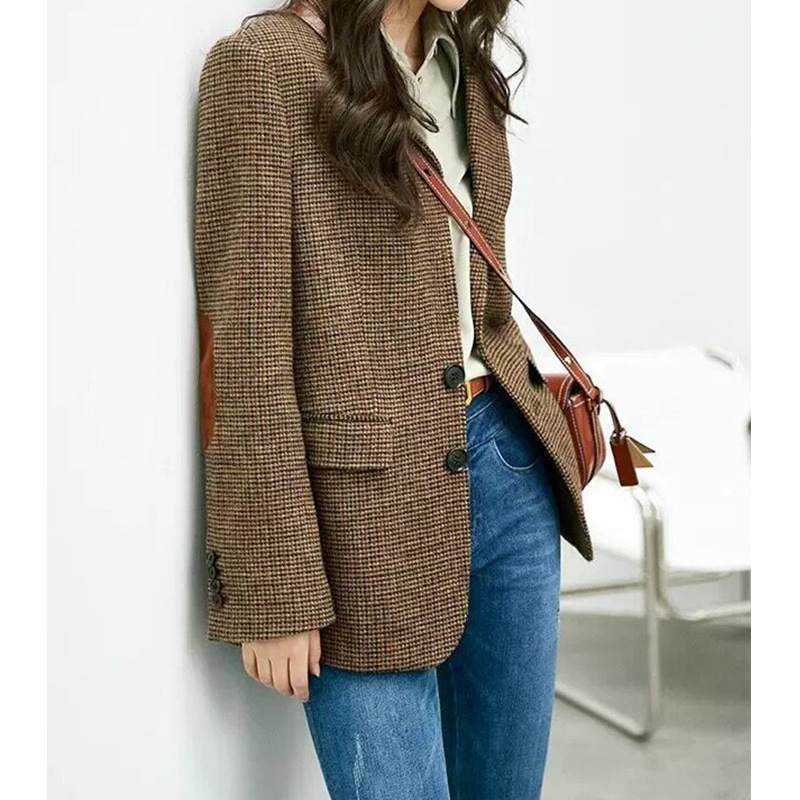2026 Fall/Winter New Woolen Tweed Elegant Women's Blazer with a High-End Feel, Mocha Plaid French Fashion Suit